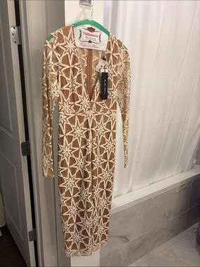 For Love & Lemons Brown & White Star Lace Long-Sleeve Midi Dress SZ XS